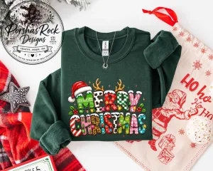 Merry Christmas Sweatshirt, Patterned Santa Hat Antlers Sweater 1 Merry Christmas Sweatshirt, Patterned Santa Hat Antlers Sweater