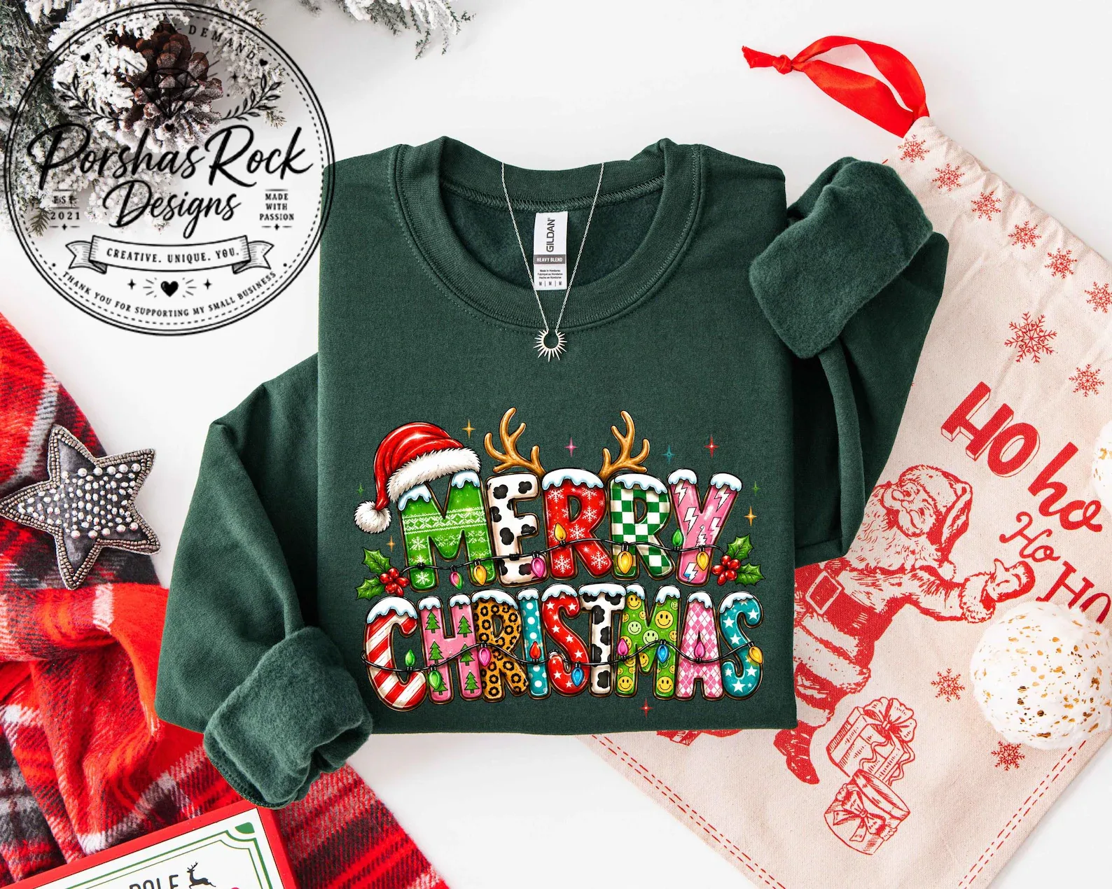 Merry Christmas Sweatshirt, Patterned Santa Hat Antlers Sweater