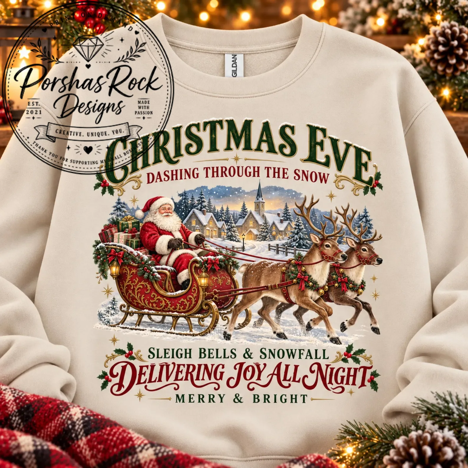 Christmas Eve Sweatshirt, Santa Sleigh Reindeer Crewneck