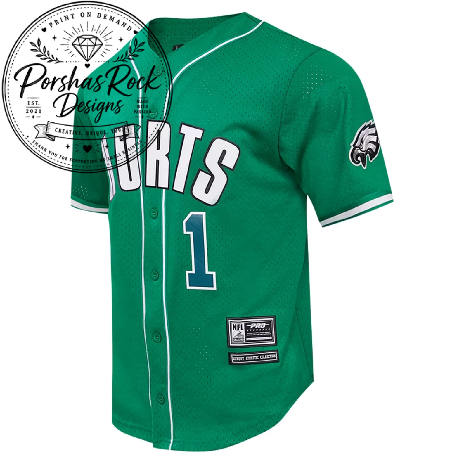 Men's Pro Standard Jalen Hurts Kelly Green Philadelphia Eagles Mesh Button-Up Baseball Jersey