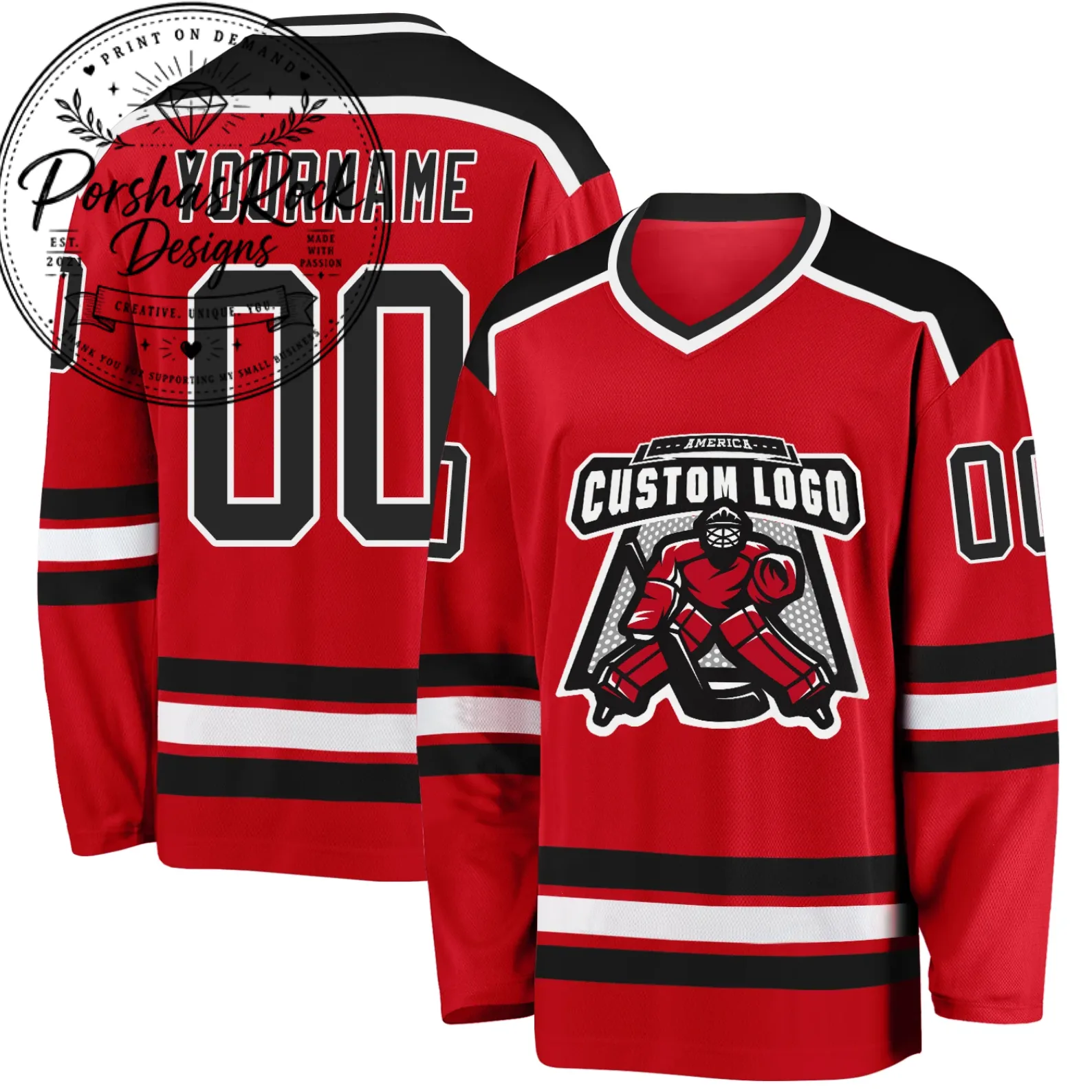 anh 8 jersey di cung Custom Red Hockey Jersey – image 2 of 2